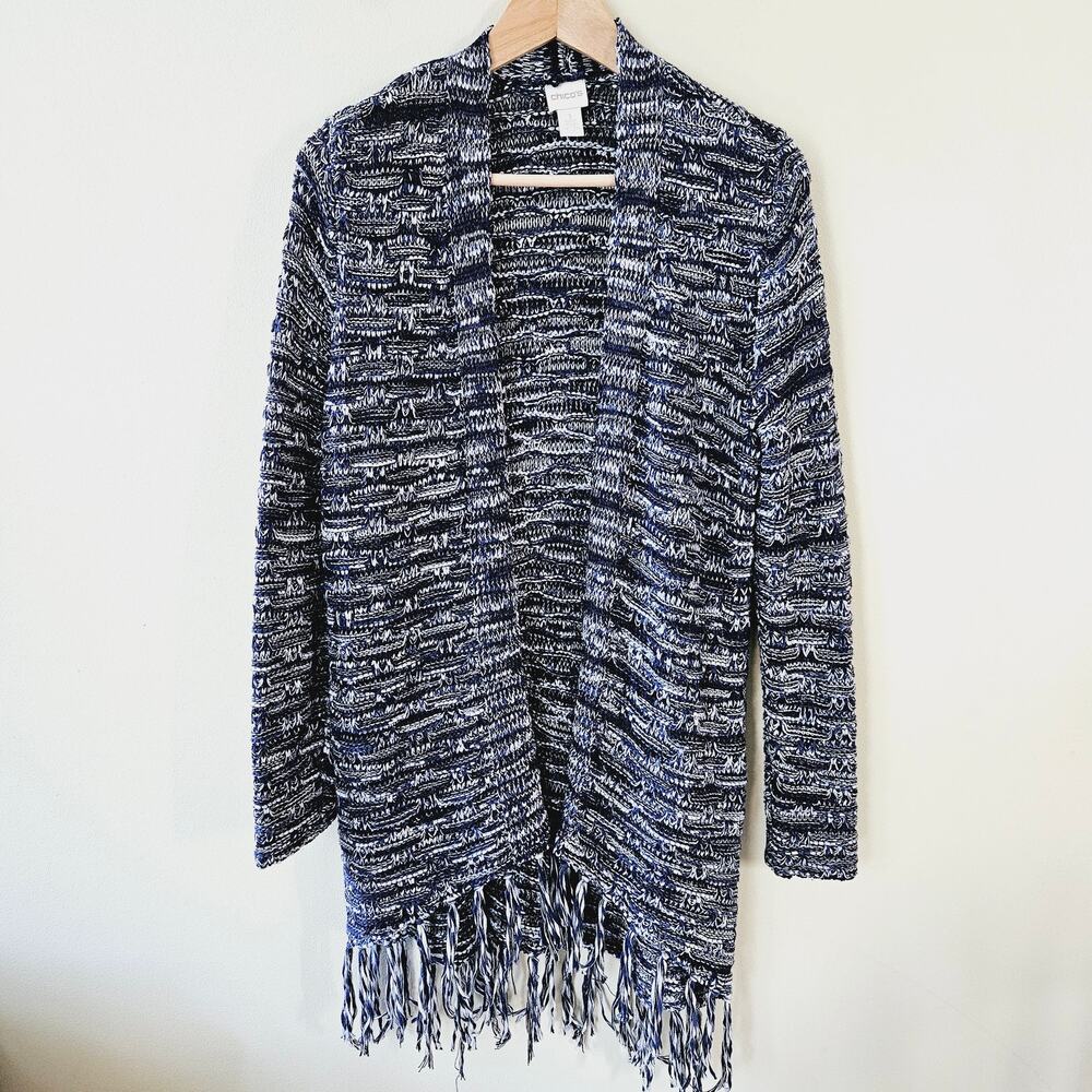 Chico's Cardigan Sweater Sz 1 (US M/ 8/10) Blue Long Western Fringe Duster Boho